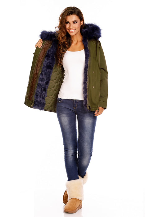 Parka mit Fell Khaki-Dunkelblau