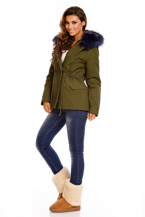 Parka mit Fell Khaki-Dunkelblau