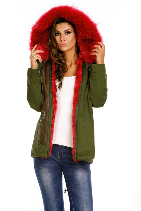 Parka with fur khaki pink