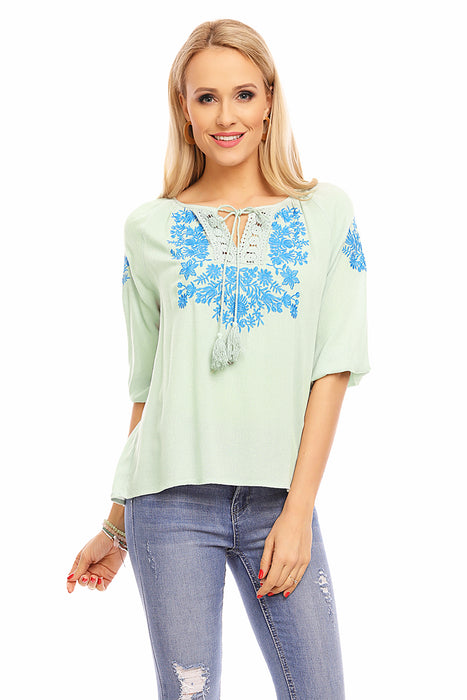 Women's tunic blouse mint with embroidery Ibiza style