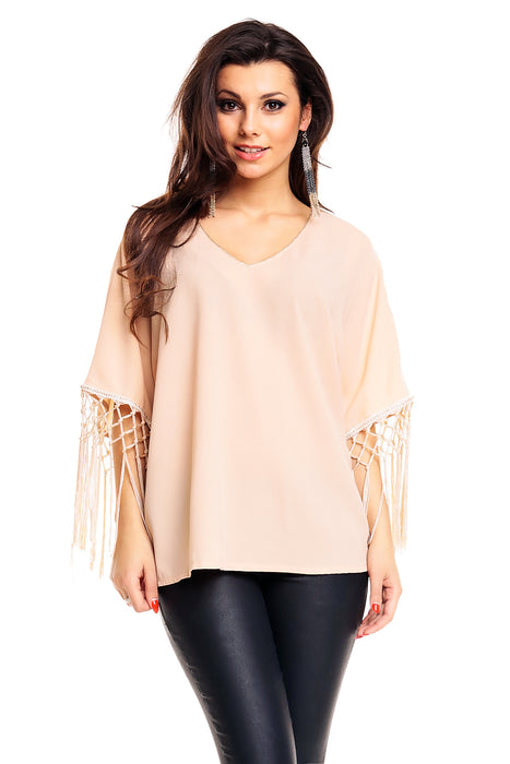 Blouse tunic with fringes beige-gold one size