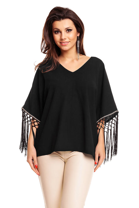 Blouse tunic with fringes black and gold one size