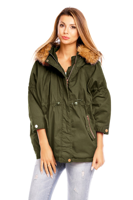 Parka mit Fell Khaki mit kurzen Ärmeln