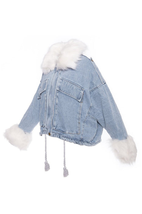 Jeans jacket with faux fur oversized style light blue white