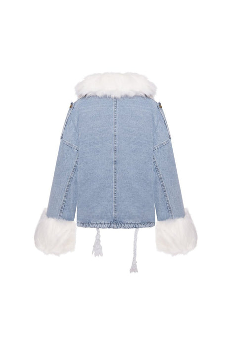 Jeans jacket with faux fur oversized style light blue white