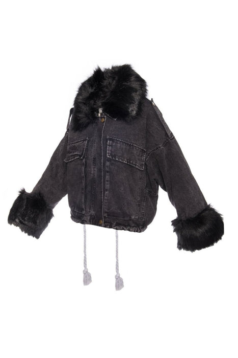 Jeans jacket with faux fur oversized style black