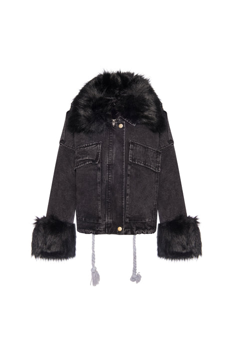Jeans jacket with faux fur oversized style black