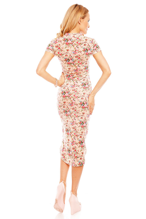 Midi Kleid mit Flower Print Bodycon Style Rosa-Multi