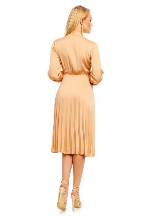 Pleated midi dress with V-neck long sleeve gold