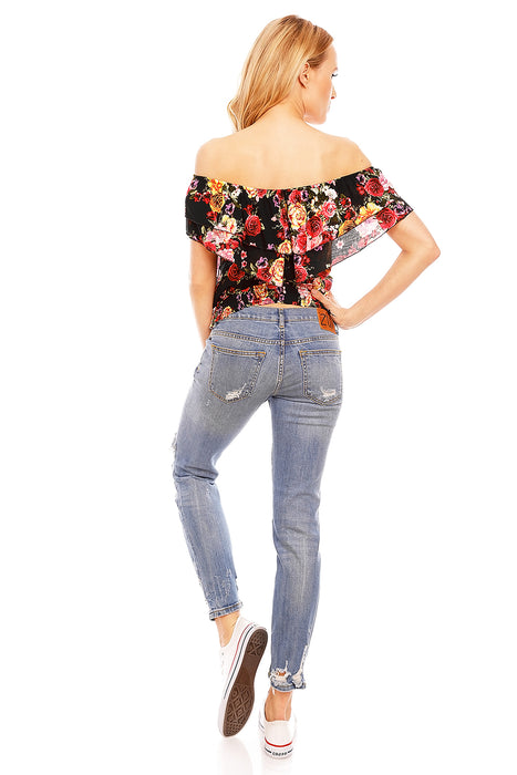 Top with flower print and lace black-multicolor